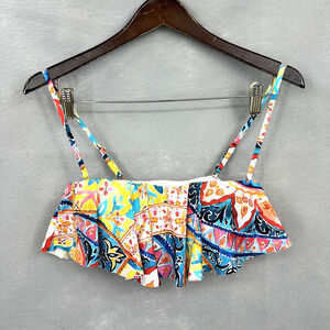 LA BLANCA Swim Bikini Top Womens 8 Ruffle Overlay Geometric Floral Retro Boho